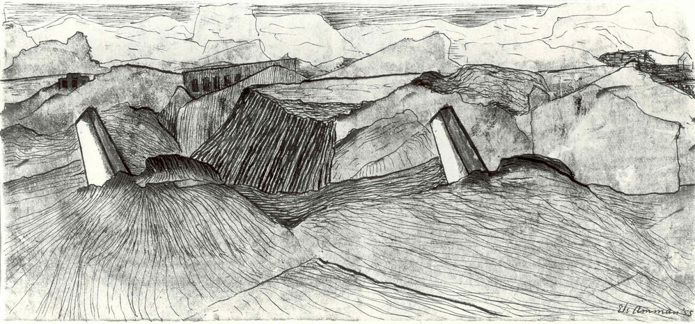 Rotsen met twee huizen en twee paaltjes